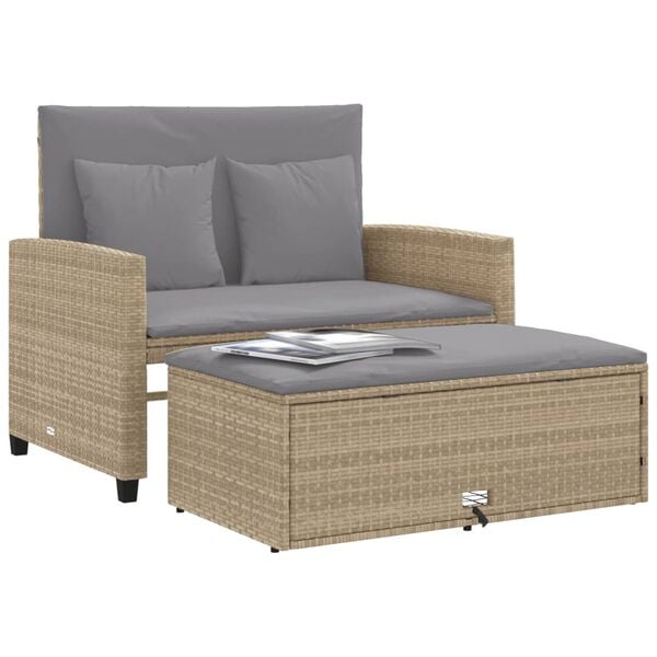 vidaXL Patio Sofa Beige PE rattan, powder-coated steel, polyester 2-seater