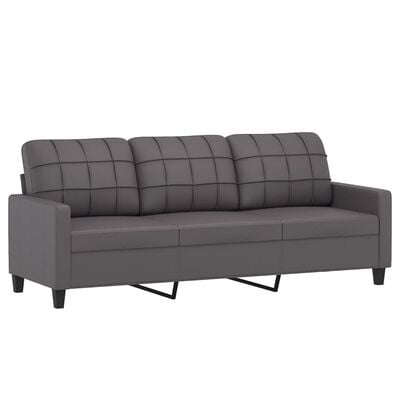 Gray sofa with three tufted back cushions and metal legs, shown from a side angle.