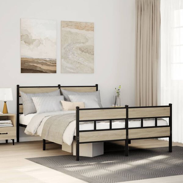 vidaXL Bed Frame Black, Sonoma oak Iron, Engineered wood Double