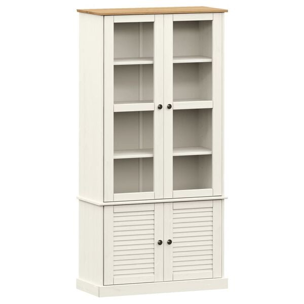 vidaXL Glass Display Cabinet White Solid pine wood with wax finish Tall