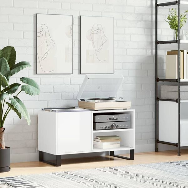 vidaXL Record Cabinet Glossy White Engineered Wood, Iron Medium
