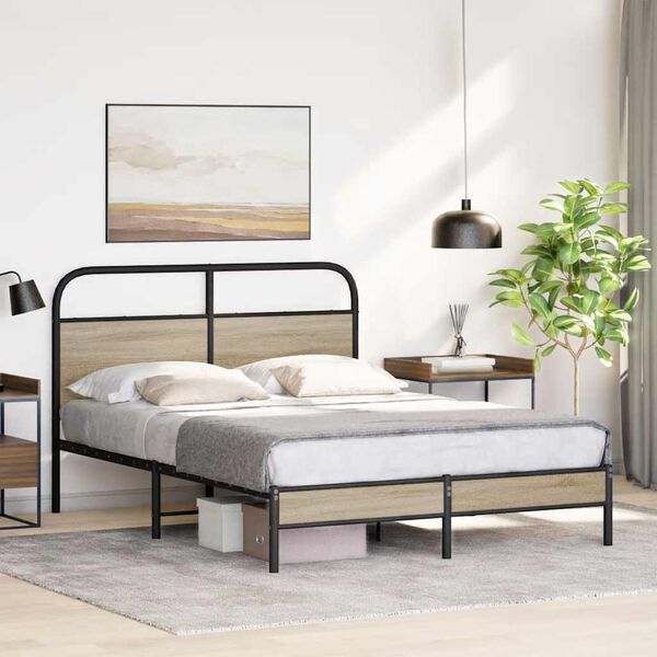 vidaXL Bed Frame Smoked oak Steel, engineered wood Double Bed Frame