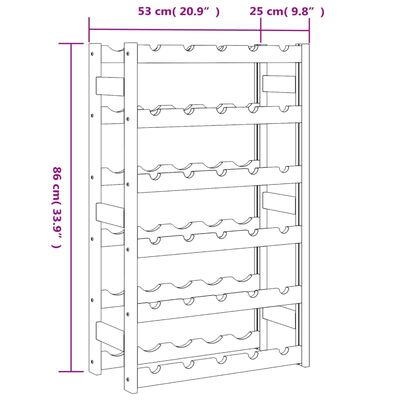 Dimension diagram of the wine rack with measurements in centimeters and inches, showing 86 cm height and shelf spacing.
