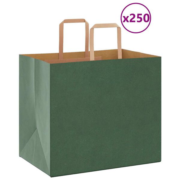 vidaXL Paper Bags 250 pcs with Handles Green 32x22x28 cm