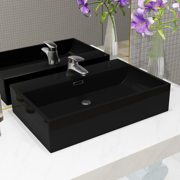 vidaXL Basin with Faucet Hole Ceramic Black 23.8x16.7x5.7"