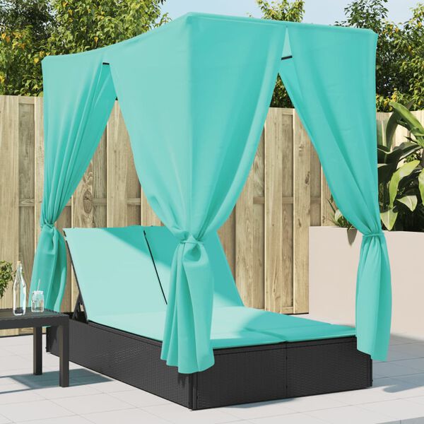 vidaXL Double Sun Lounger with Roof and Curtains Black Poly Rattan