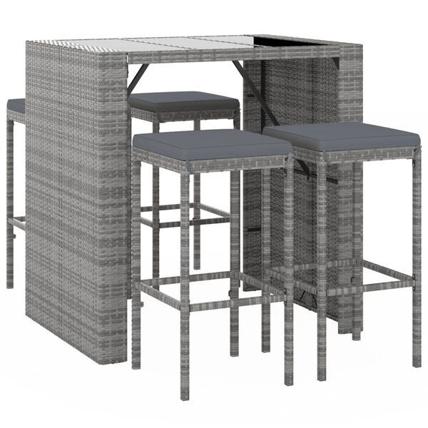 vidaXL Garden Bar Set Grey PE Rattan, Powder-Coated Steel, Tempered Glass