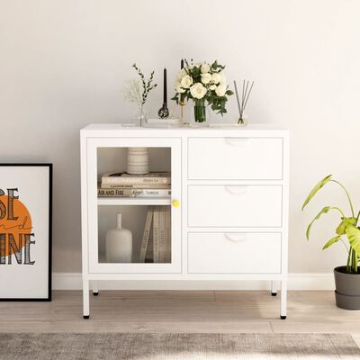 vidaXL Sideboard White 29.5"x13.8"x27.6" Steel and Tempered Glass