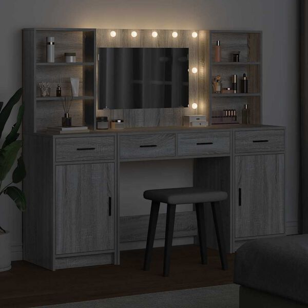vidaXL Dressing Table Set with LED 3 pcs Grey Sonoma Engineered Wood