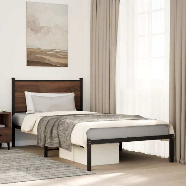 vidaXL Metal Bed Frame without Mattress Brown Oak 100 x 74.8 "