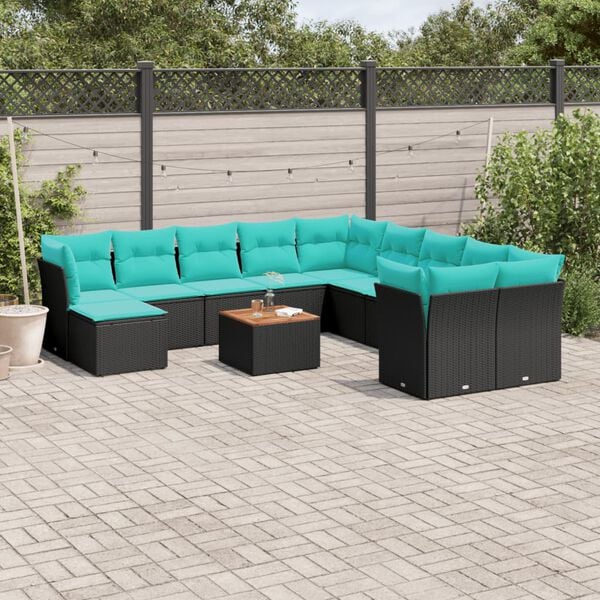 vidaXL 12 Piece Patio Sofa Set with Cushions Black Poly Rattan