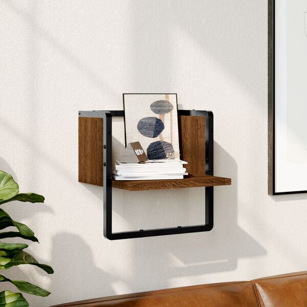 vidaXL Wall Shelf Brown oak Engineered wood, metal Compact Wall mounting