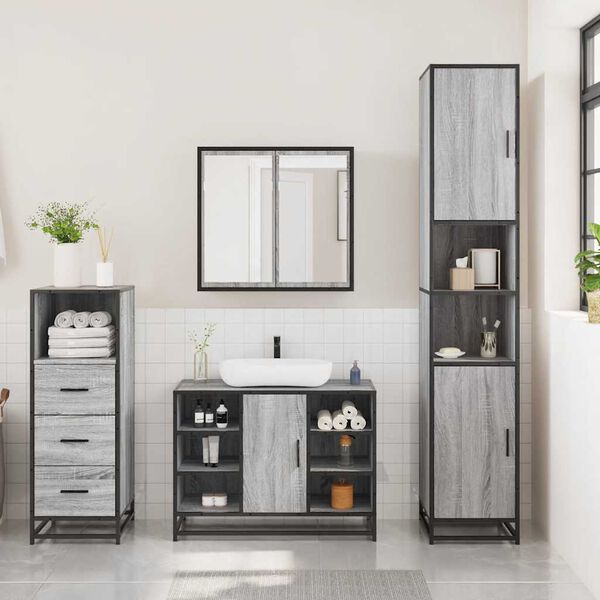 vidaXL Bathroom Furniture Set Grey sonoma Engineered wood, metal, glass