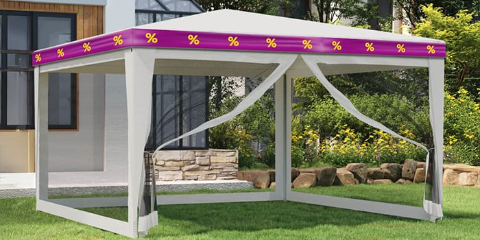 Dark blue gazebo with picnic table and benches in a garden setting, purple band with yellow discount icons on canopy. 