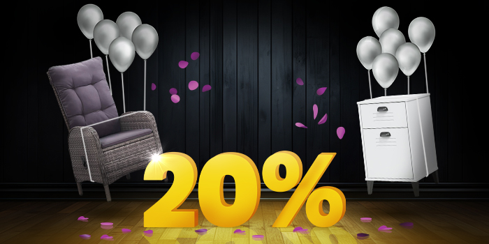 Rattan recliner chair with dark cushions and white filing cabinet lifted by silver balloons and surrounded by purple confetti, with a large yellow 20% sign on a dark background. Click to shop the collection.