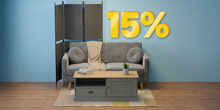 Living room scene with a sofa, a coffee table and a room divider, highlighting buy 2 items and get 15% off. Click to see the items in promotion.