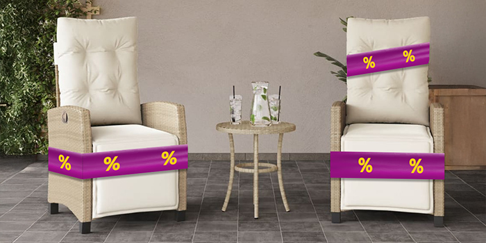 Wooden outdoor dining table with black chairs, purple band with yellow discount icons around table legs. 