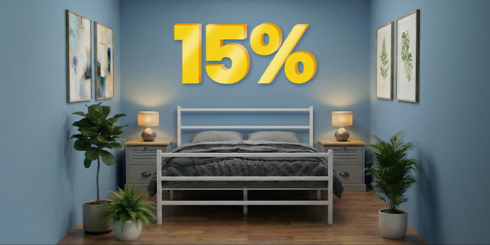 Bedroom scene with a bed and bedside tables, highlighting buy 2 items and get 15% off. Click to see the items in promotion.