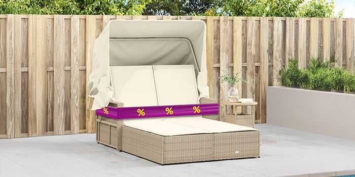 Beige double sun lounger with canopy by the pool, wrapped in purple band with yellow discount icons.