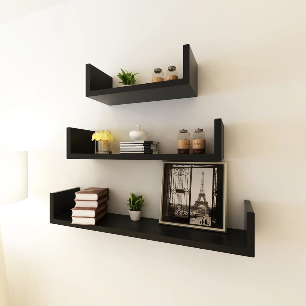 3 Black MDF U-Shaped Floating Wall Display Shelves Book/DVD Storage