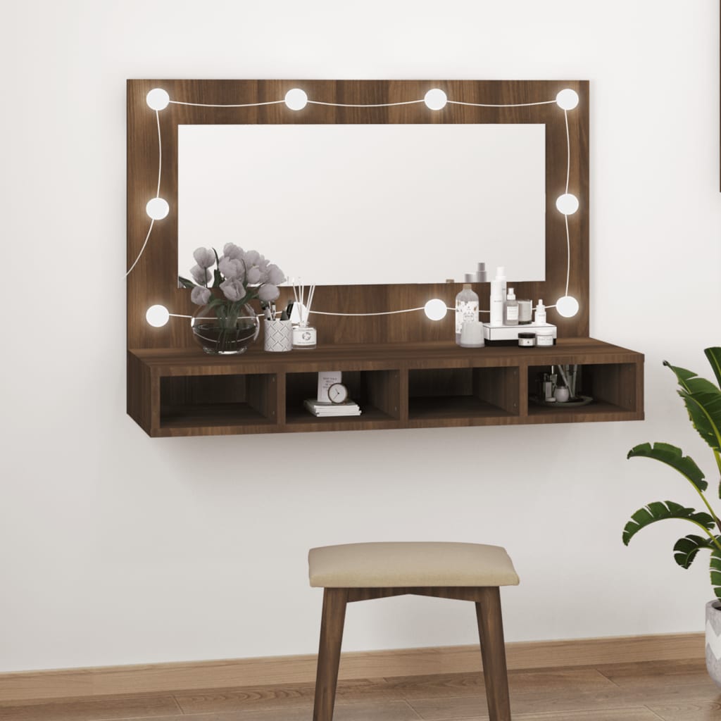 vidaXL Mirror Cabinet with LED Brown Oak 35.4"x12.4"x24.4"