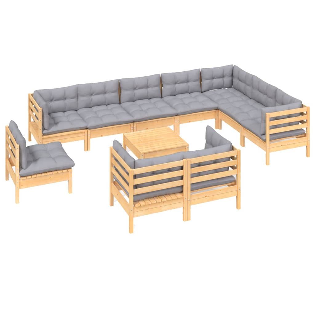 vidaXL 11 Piece Patio Lounge Set with Gray Cushions Solid Pinewood