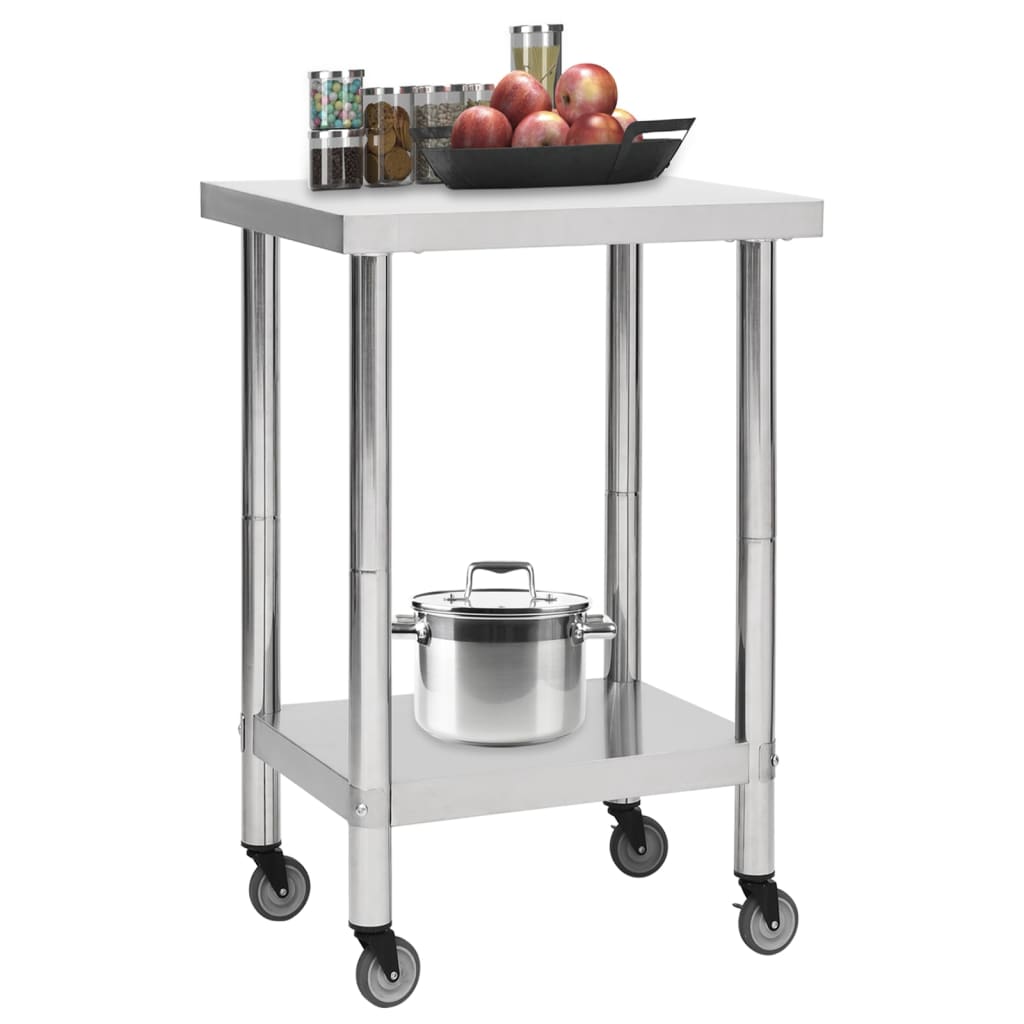 vidaXL Kitchen Work Table with Wheels 23.6"x23.6"x33.5" Stainless Steel