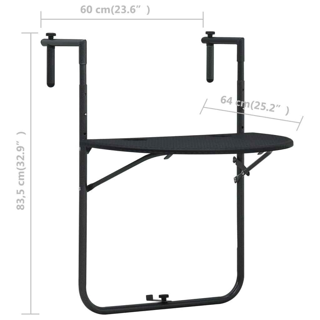 vidaXL Hanging Balcony Table Black 23.6"x25.2"x32.9" Plastic Rattan Look