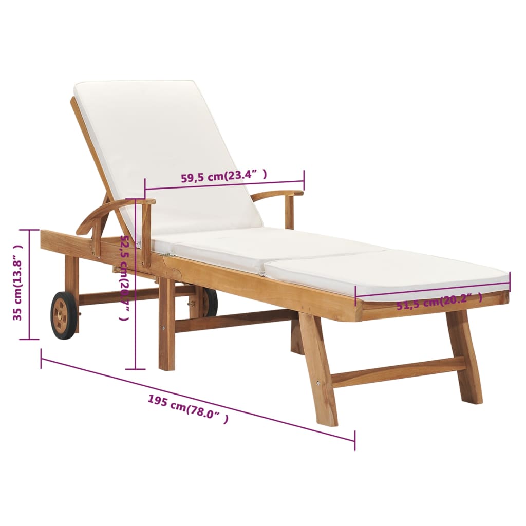 vidaXL Sun Lounger with Cushion Solid Teak Wood Cream