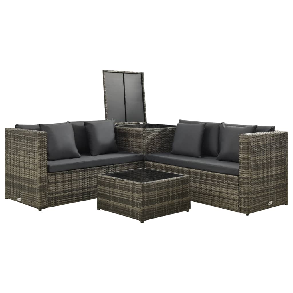 vidaXL 4 Piece Patio Lounge Set with Cushions Poly Rattan Gray