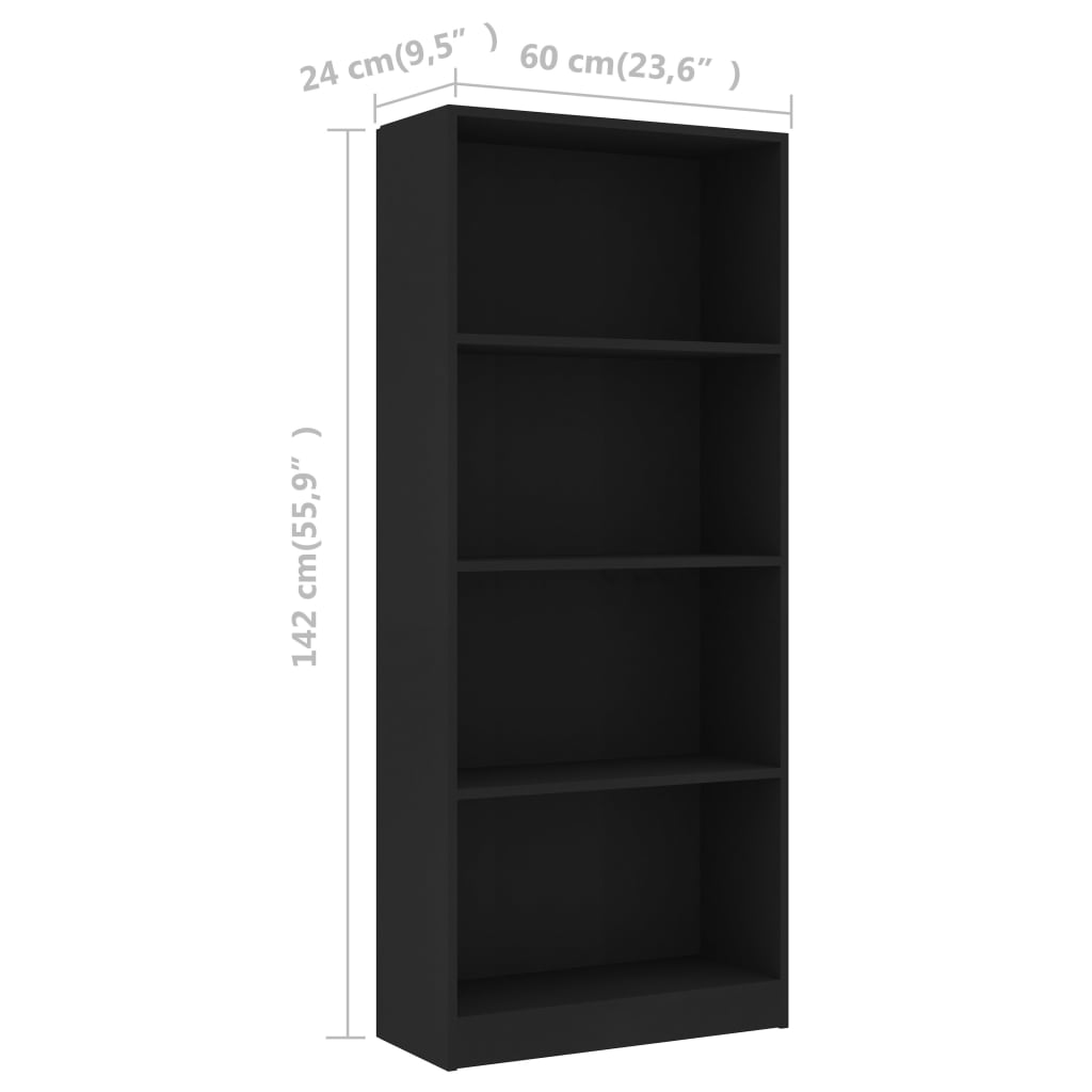 vidaXL 4-Tier Book Cabinet Black 23.6"x9.4"x55.9" Engineered Wood