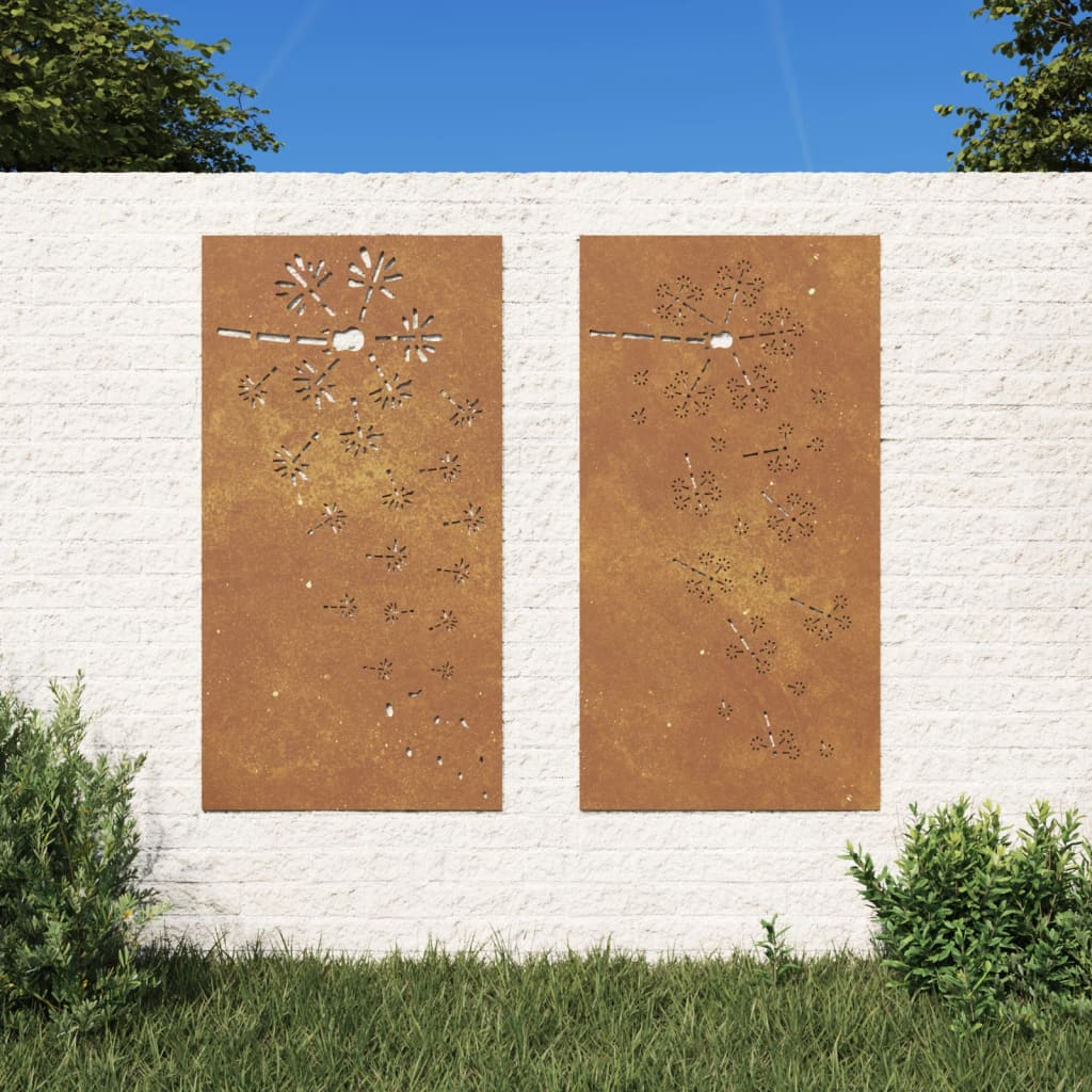 vidaXL Patio Wall Decorations 2pcs 41.3"x21.7" Corten Steel Flower Design