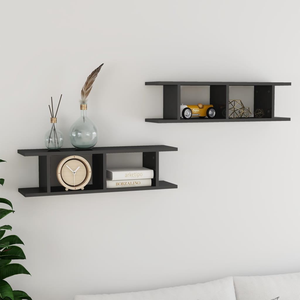 vidaXL Wall Shelves 2 pcs High Gloss Gray 29.5"x7.1"x7.9" Engineered Wood