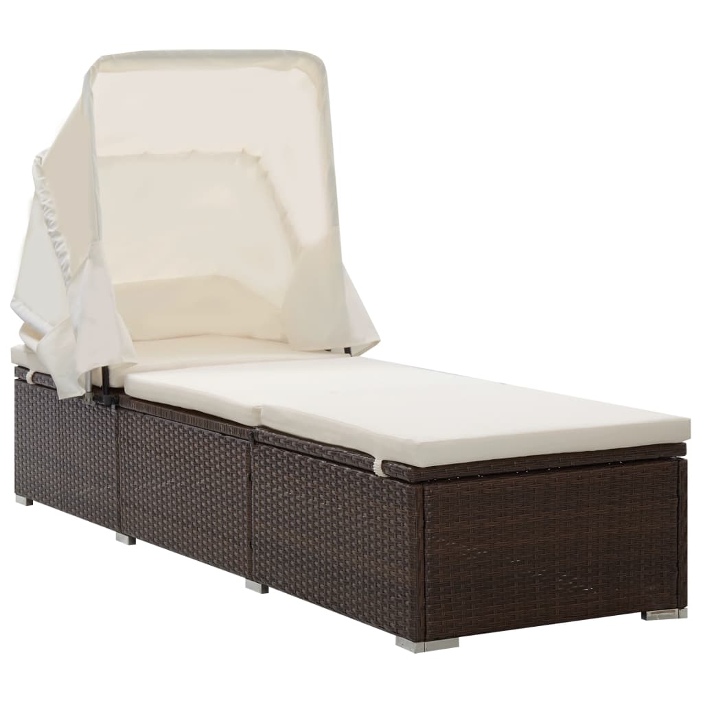 vidaXL Sun Lounger with Canopy and Cushion Poly Rattan Brown