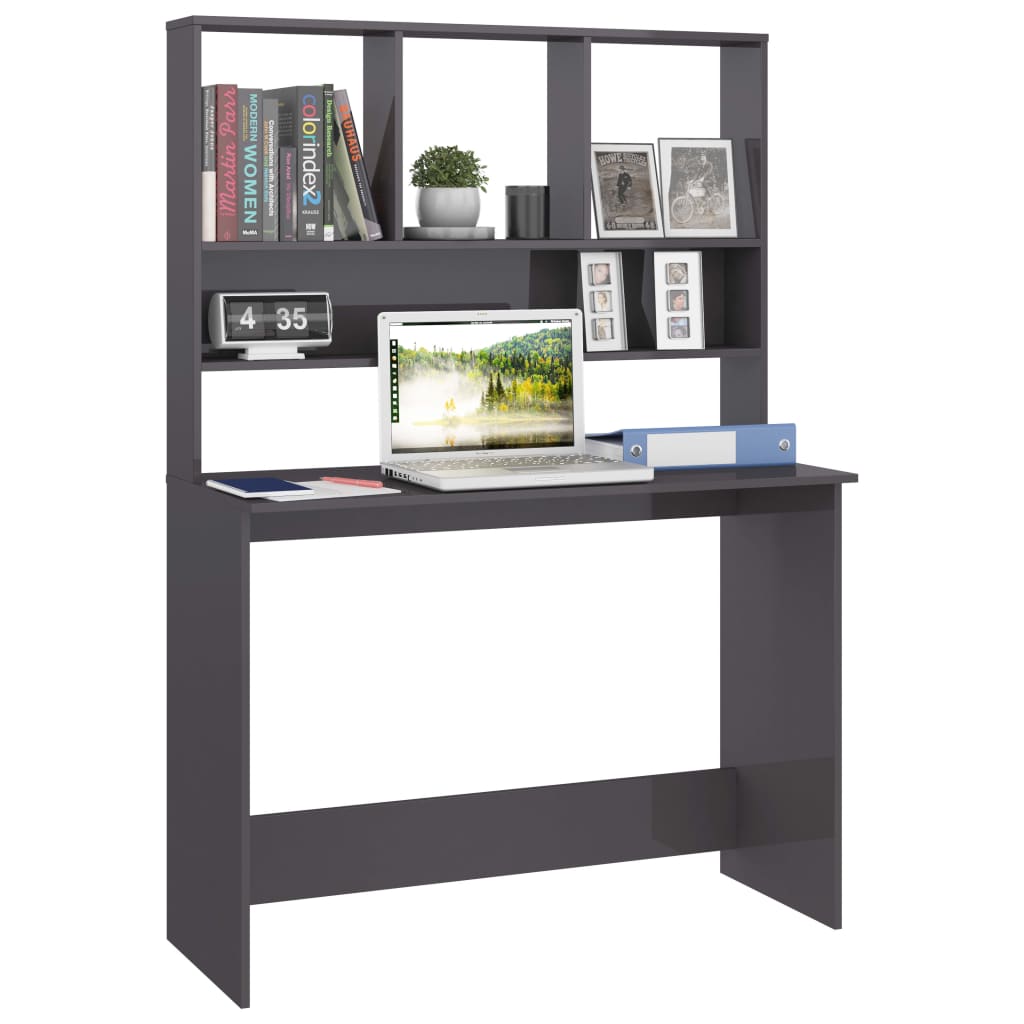 vidaXL Desk with Shelves High Gloss Gray 43.3"x17.7"x61.8" Chipboard