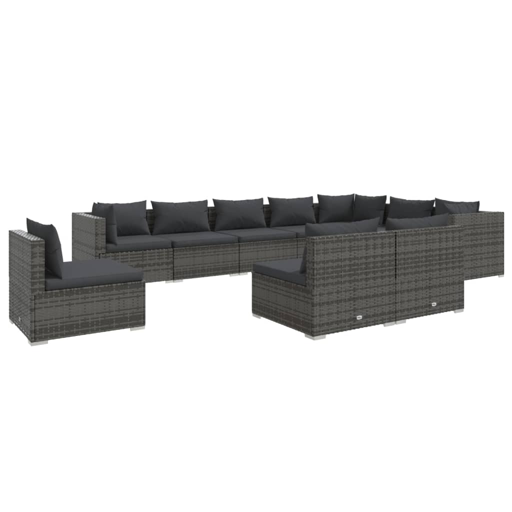 vidaXL 10 Piece Patio Lounge Set with Cushions Poly Rattan Gray