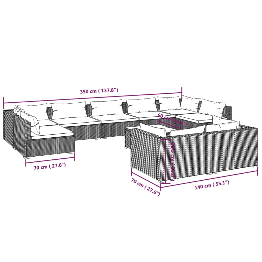 vidaXL 10 Piece Patio Lounge Set with Cushions Brown Poly Rattan