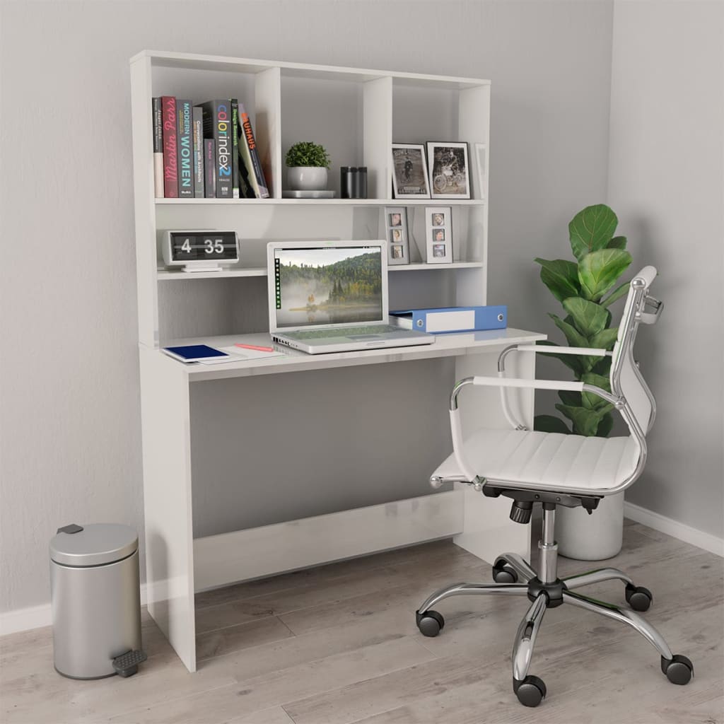 vidaXL Desk with Shelves High Gloss White 43.3"x17.7"x61.8" Chipboard