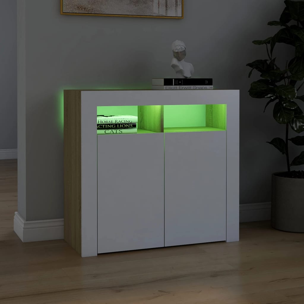 vidaXL Sideboard with LED Lights White and Sonoma Oak 31.5"x13.8"x29.5"