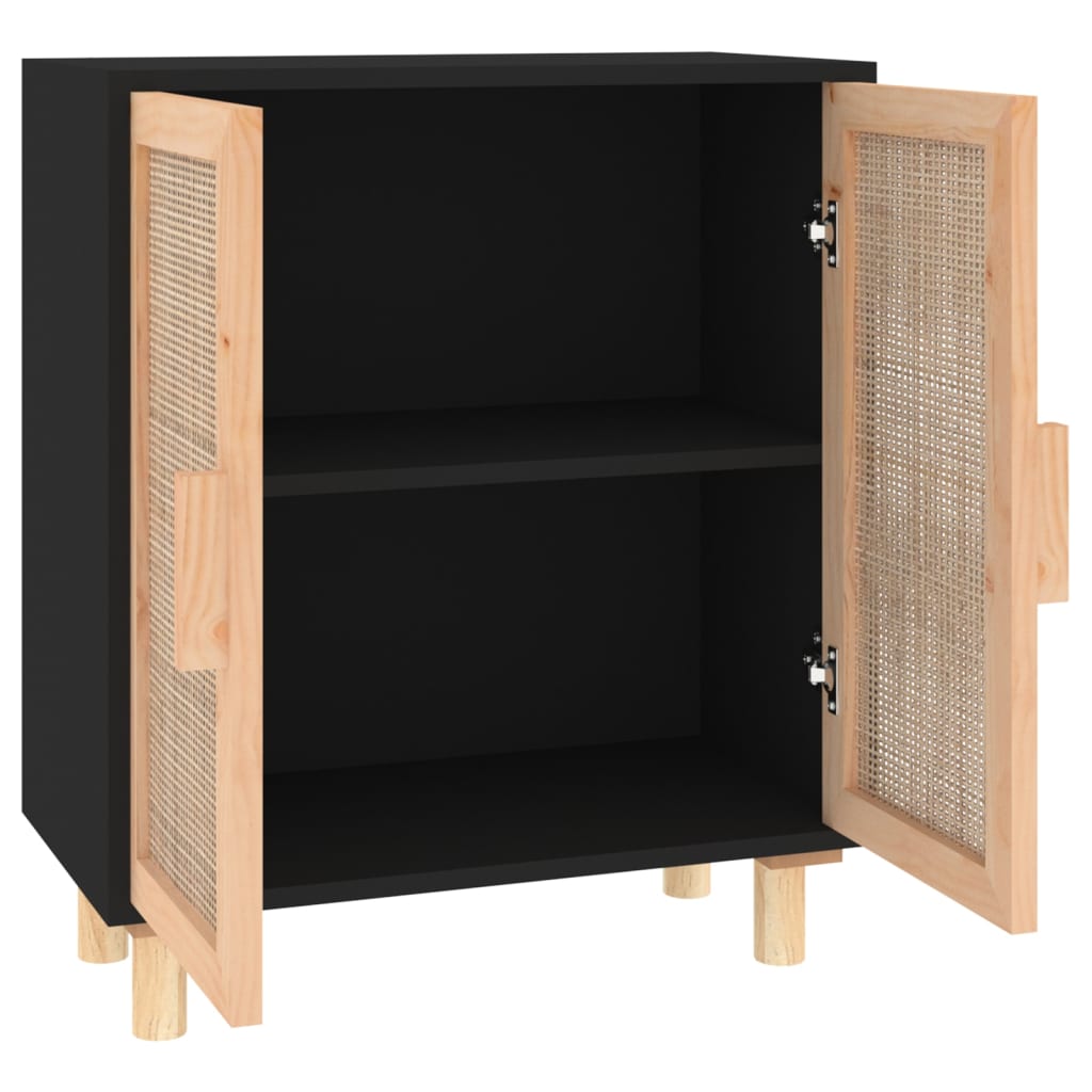 vidaXL Sideboard Black 23.6"x11.8"x27.6" Solid Wood Pine and Natural Rattan
