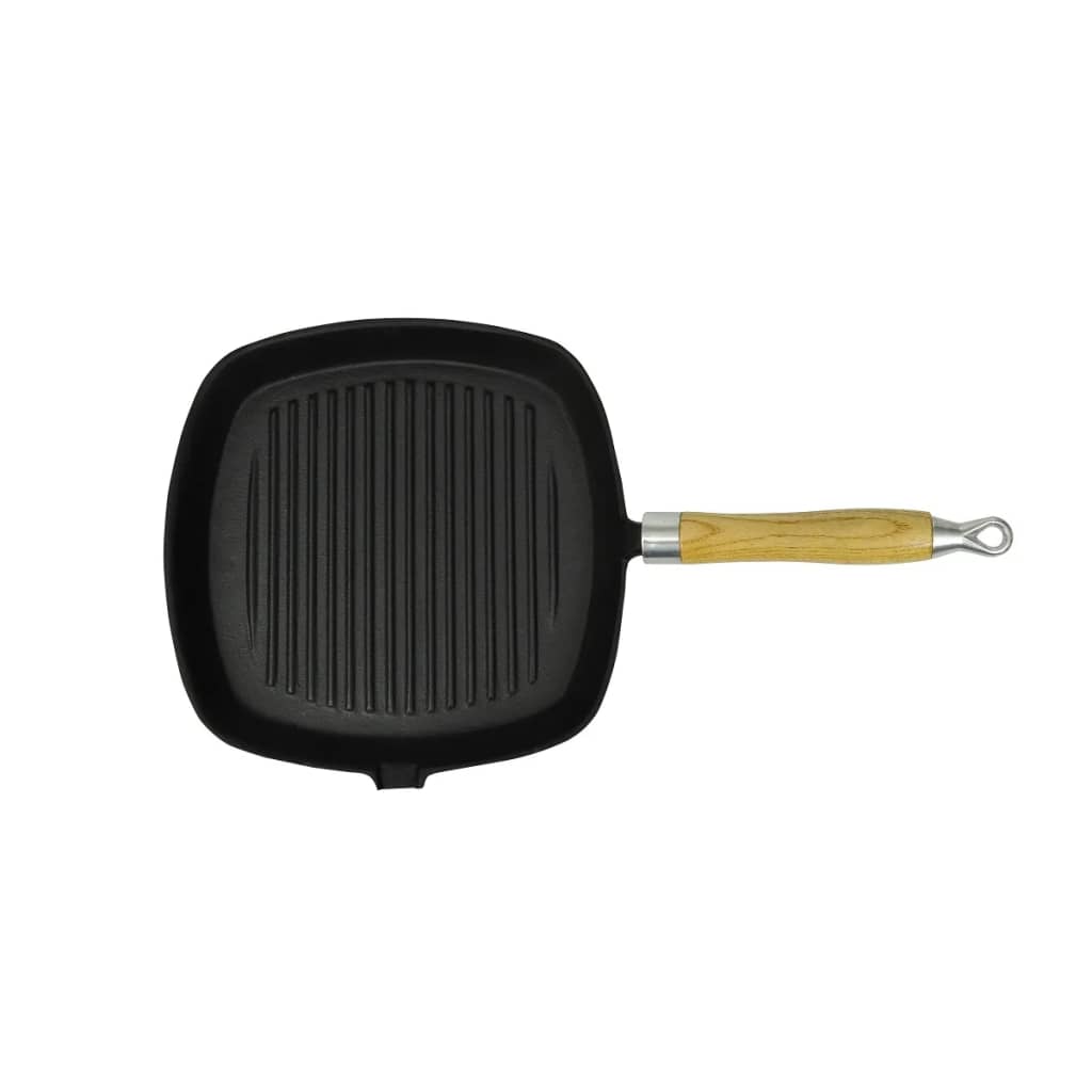 Cast Iron Grill Pan BBQ Skillet Wooden Handle