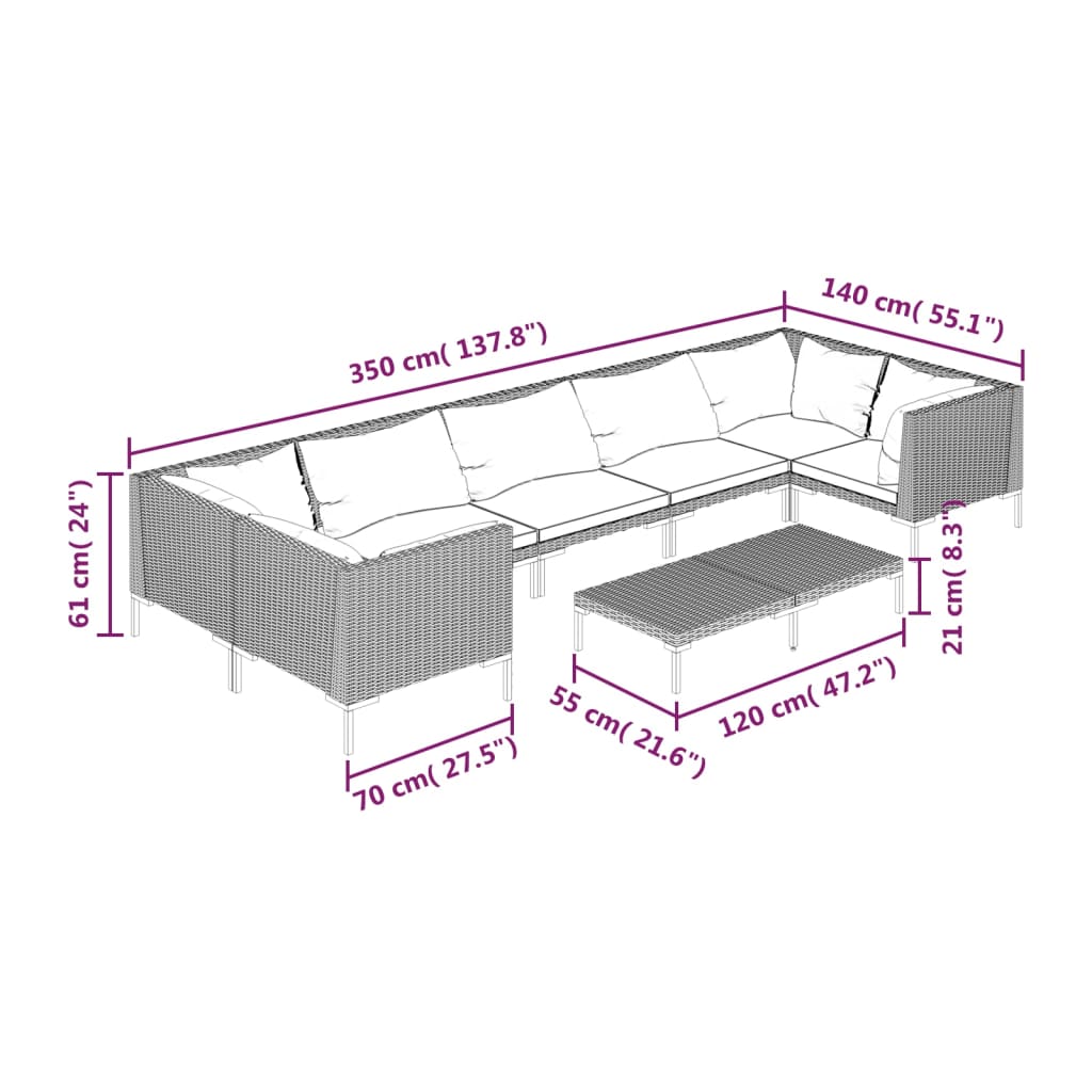 vidaXL 8 Piece Patio Lounge Set with Cushions Poly Rattan Dark Gray