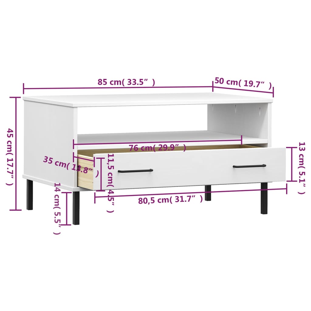 vidaXL Coffee Table with Metal Legs White 33.5"x19.7"x17.7" Solid Wood OSLO