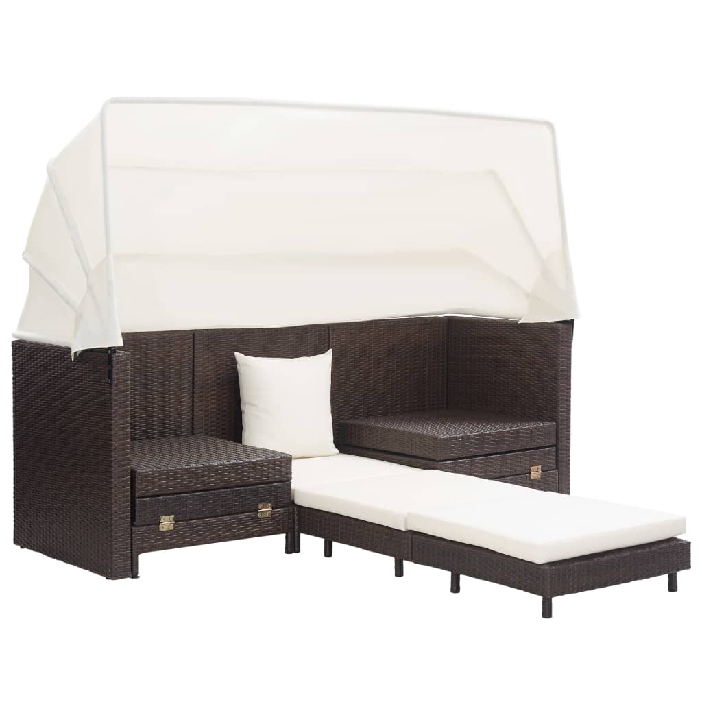vidaXL Extendable 3-Seater Sofa Bed with Roof Poly Rattan Brown