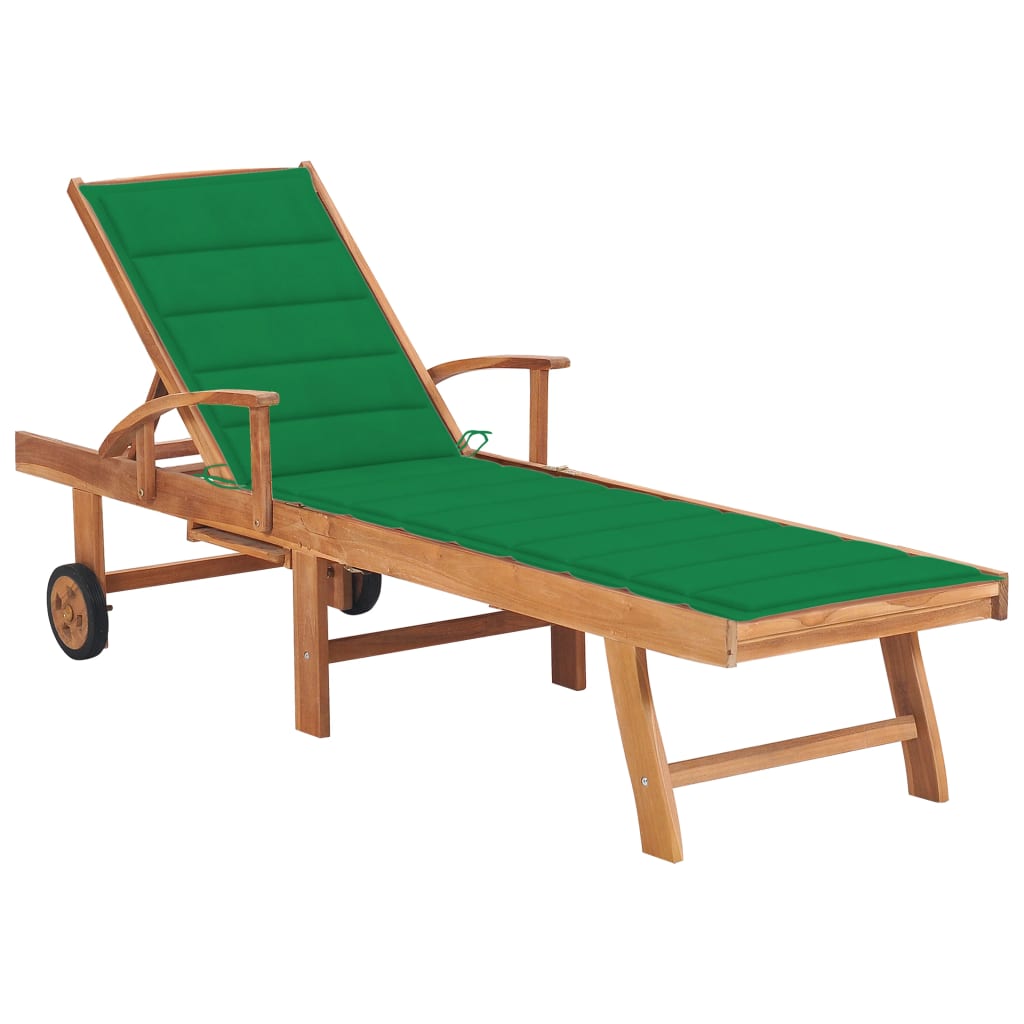 vidaXL Sun Lounger with Green Cushion Solid Teak Wood