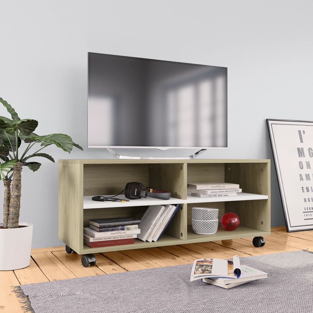 vidaXL TV Stand with Castors White and Sonoma Oak 35.4"x13.8"x13.8" Engineered Wood