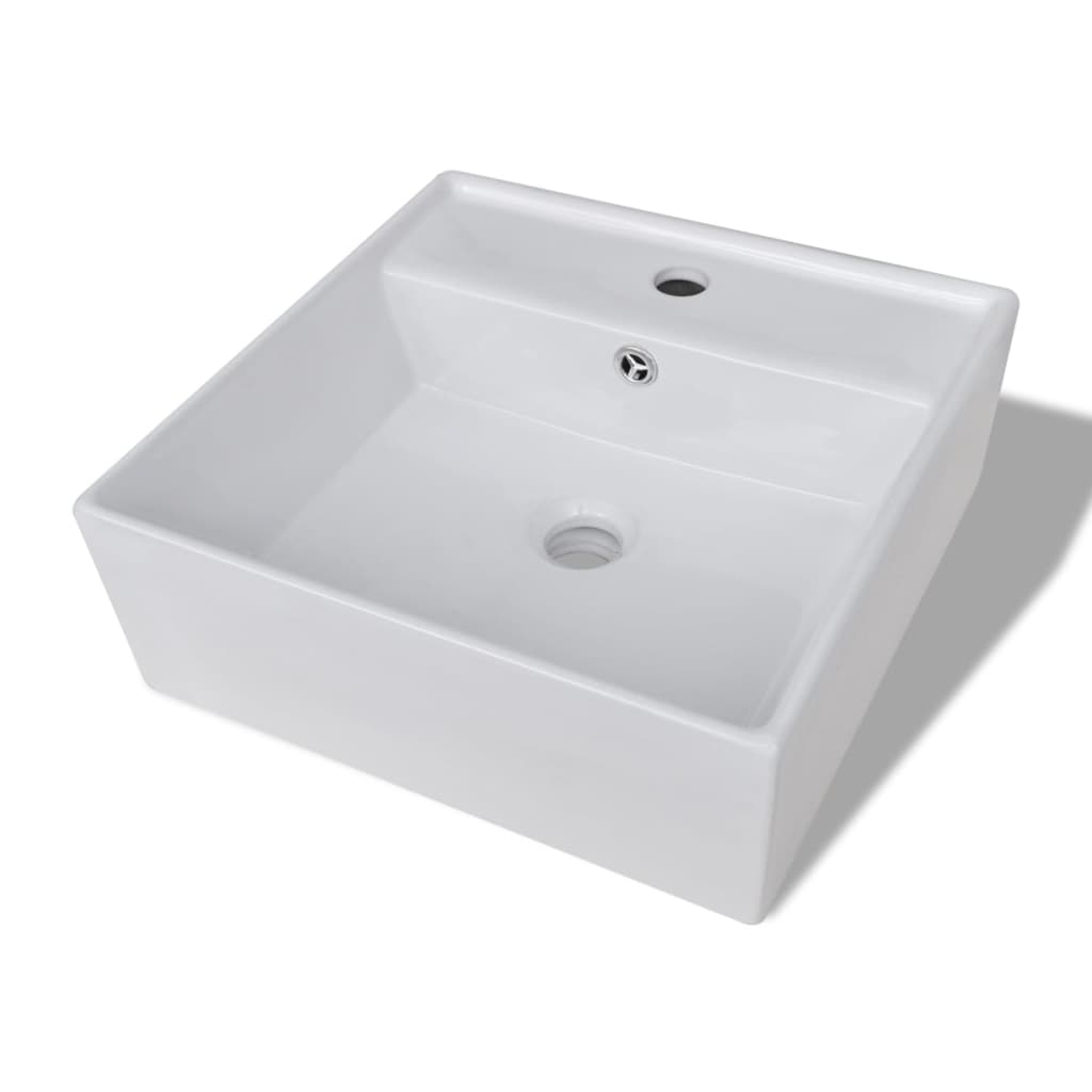 Luxury Ceramic Basin Square with Overflow and Faucet Hole 16.1"x16.1"