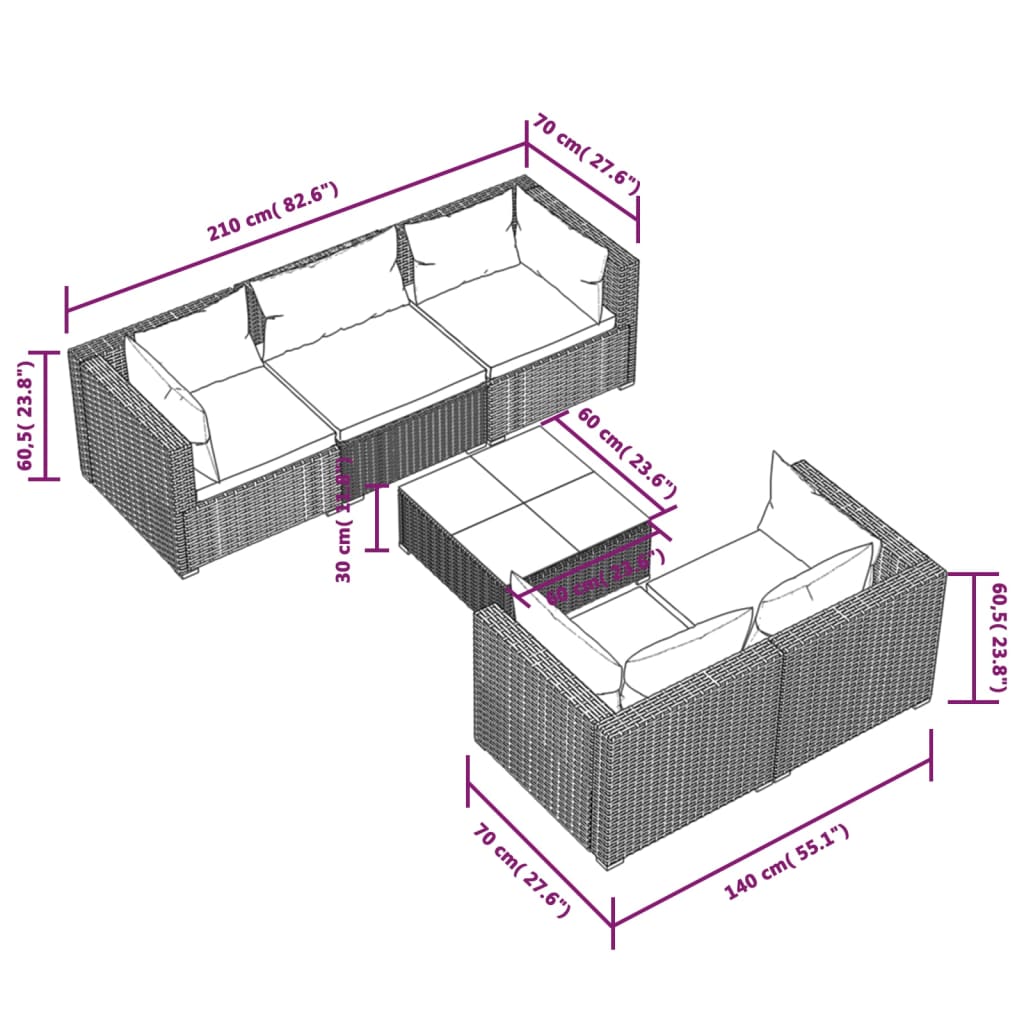vidaXL 6 Piece Patio Lounge Set with Cushions Poly Rattan Brown