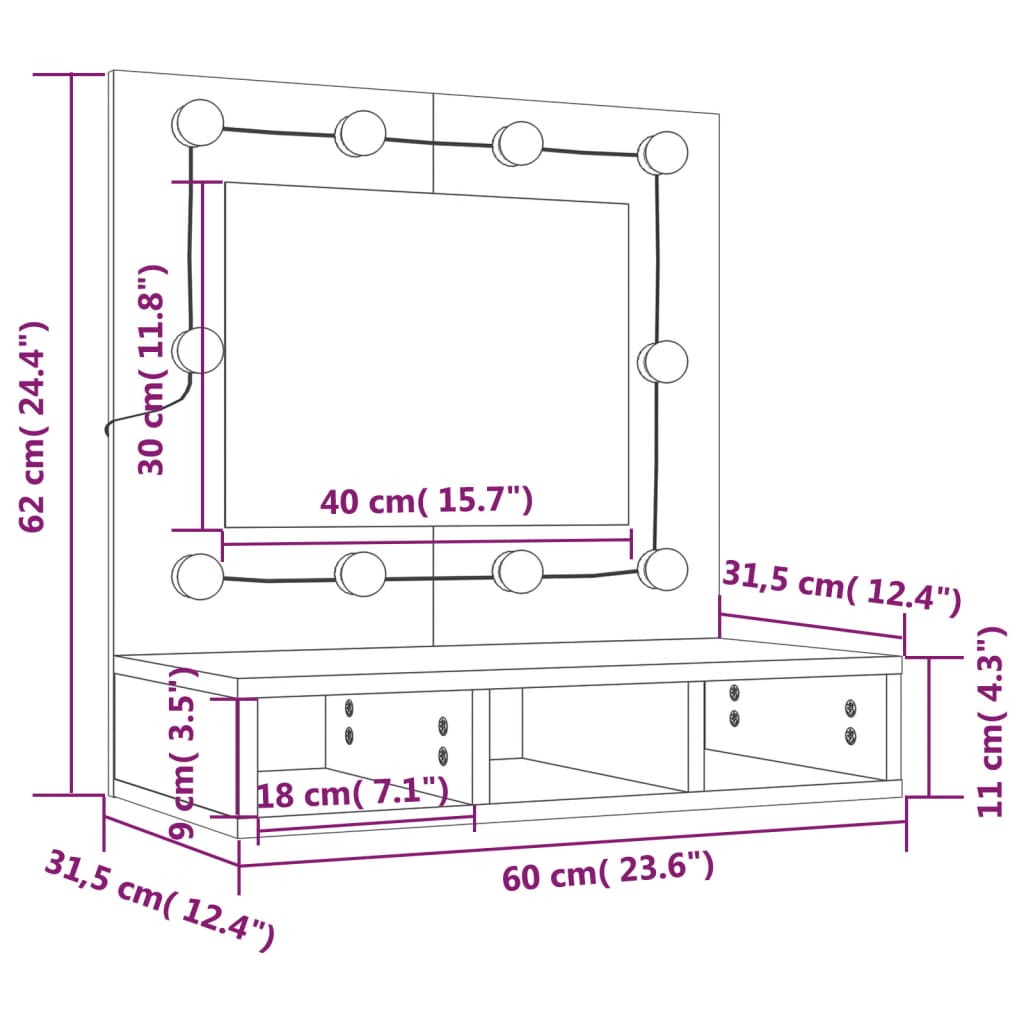 vidaXL Mirror Cabinet with LED Brown Oak 23.6"x12.4"x24.4"