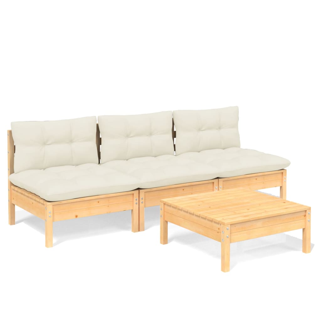 vidaXL 4 Piece Patio Lounge Set with Cream Cushions Pinewood